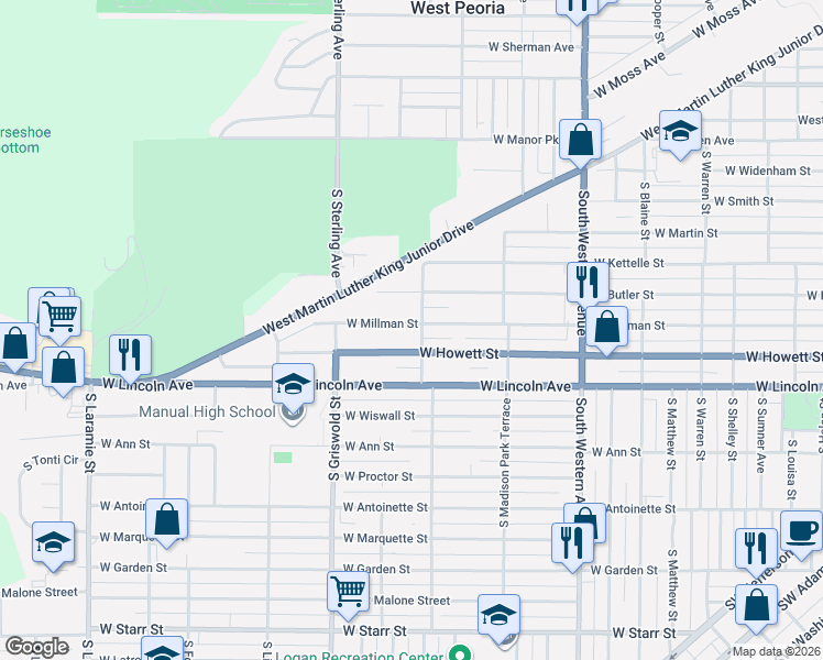 map of restaurants, bars, coffee shops, grocery stores, and more near 2304 West Millman Street in Peoria