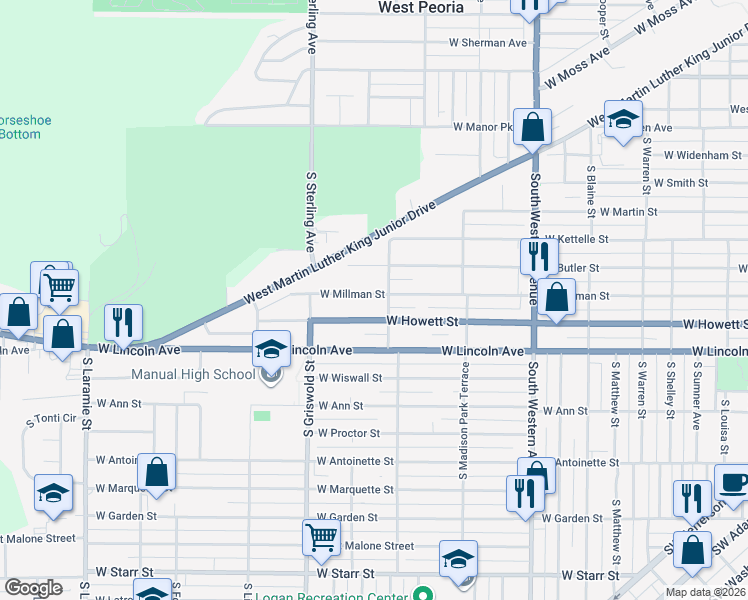 map of restaurants, bars, coffee shops, grocery stores, and more near 2304 West Millman Street in Peoria
