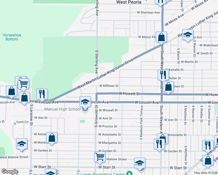 map of restaurants, bars, coffee shops, grocery stores, and more near 2330 West Millman Street in Peoria