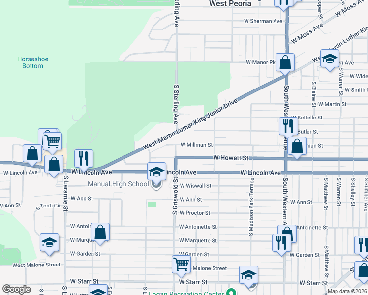 map of restaurants, bars, coffee shops, grocery stores, and more near 2424 West Millman Street in Peoria