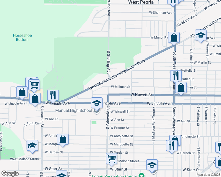 map of restaurants, bars, coffee shops, grocery stores, and more near 2424 West Millman Street in Peoria