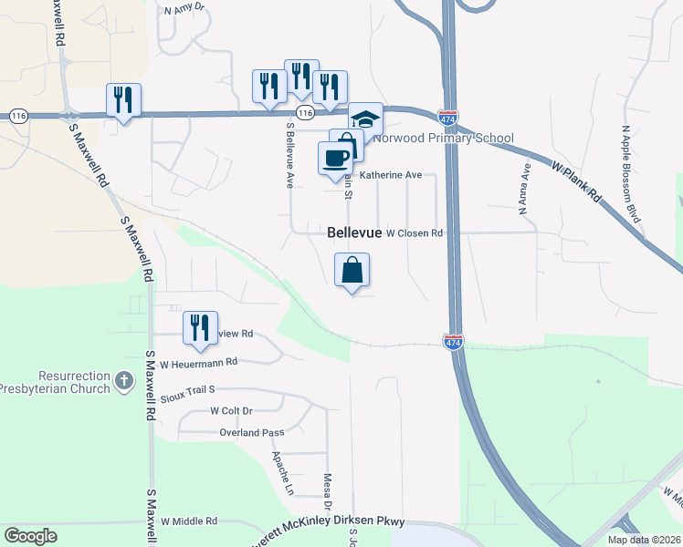 map of restaurants, bars, coffee shops, grocery stores, and more near 535 South Main Street in Peoria