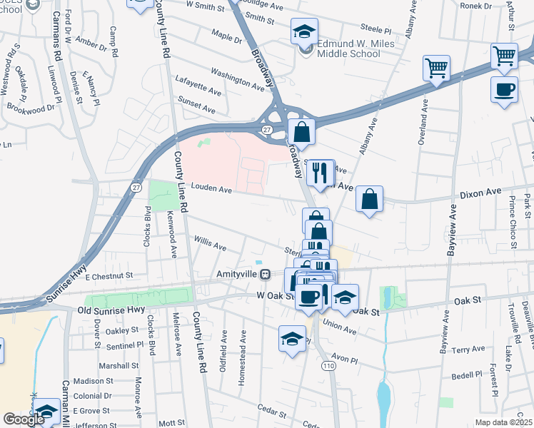 map of restaurants, bars, coffee shops, grocery stores, and more near 7 Joseph Court in Amityville