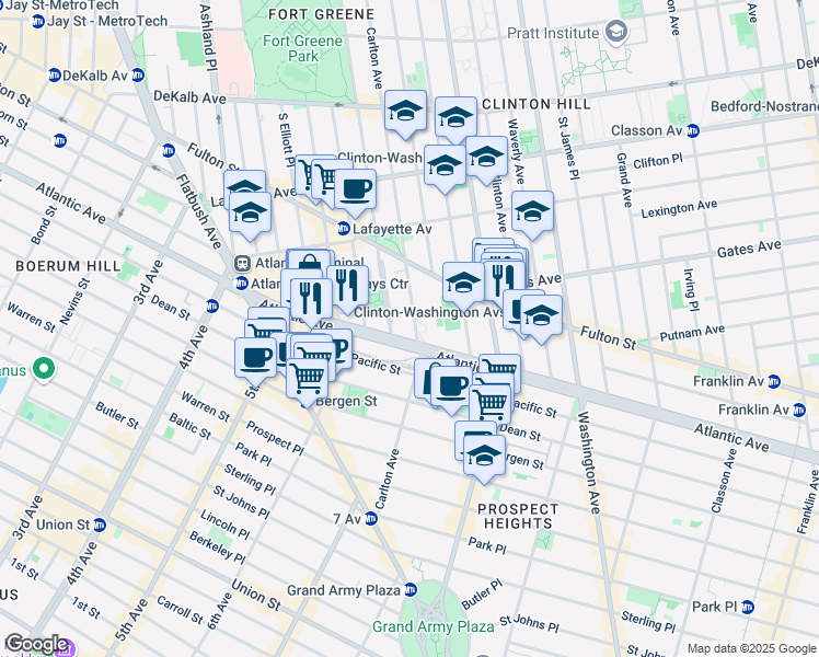 map of restaurants, bars, coffee shops, grocery stores, and more near 478 Carlton Avenue in Brooklyn