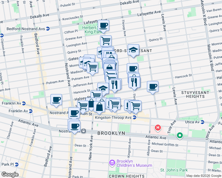 map of restaurants, bars, coffee shops, grocery stores, and more near 412 Tompkins Avenue in Brooklyn