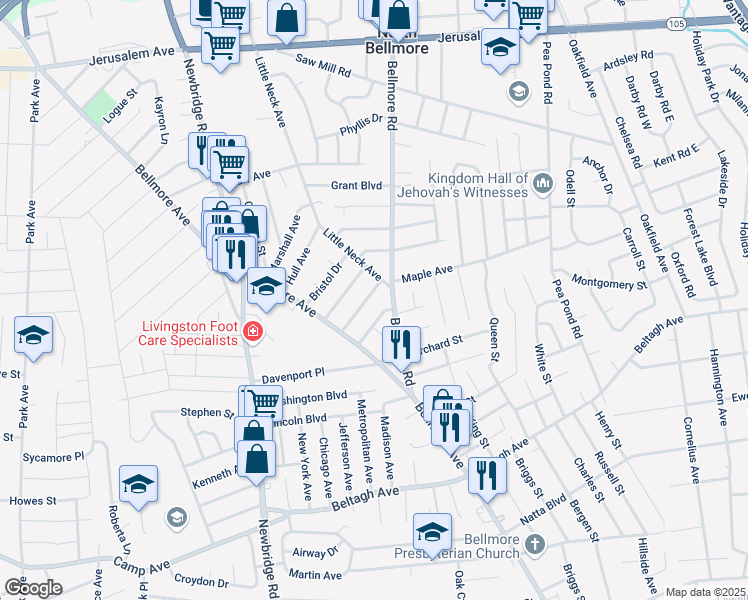 map of restaurants, bars, coffee shops, grocery stores, and more near 117 Soifer Avenue in North Bellmore