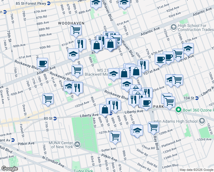 map of restaurants, bars, coffee shops, grocery stores, and more near 89-3 101st Avenue in Queens