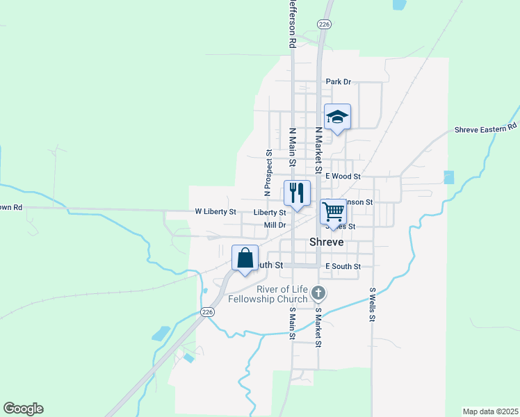 map of restaurants, bars, coffee shops, grocery stores, and more near 350 Liberty Street in Shreve