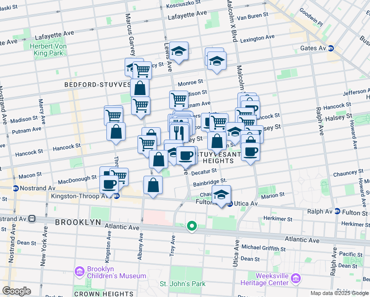 map of restaurants, bars, coffee shops, grocery stores, and more near 361 Lewis Avenue in Brooklyn