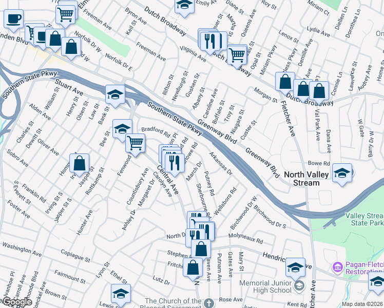 map of restaurants, bars, coffee shops, grocery stores, and more near 24 Marlowe Road in Valley Stream
