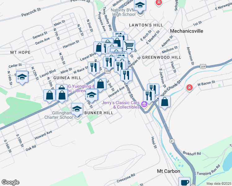 map of restaurants, bars, coffee shops, grocery stores, and more near 221 Howard Avenue in Pottsville