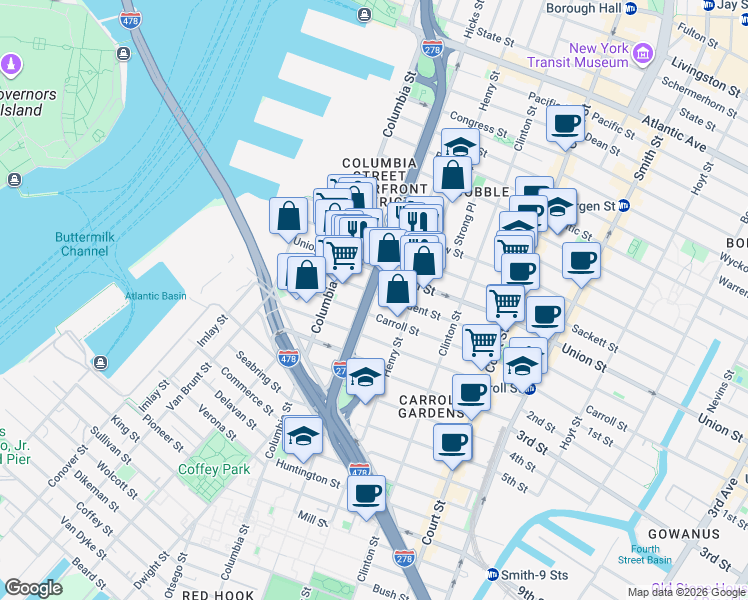 map of restaurants, bars, coffee shops, grocery stores, and more near 585 Hicks Street in Brooklyn