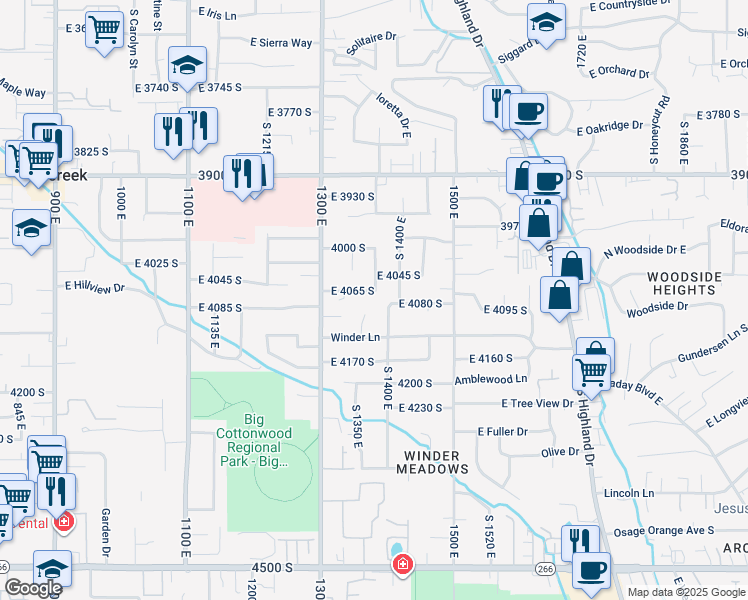 map of restaurants, bars, coffee shops, grocery stores, and more near 1376-1378 East 4065 South in Millcreek