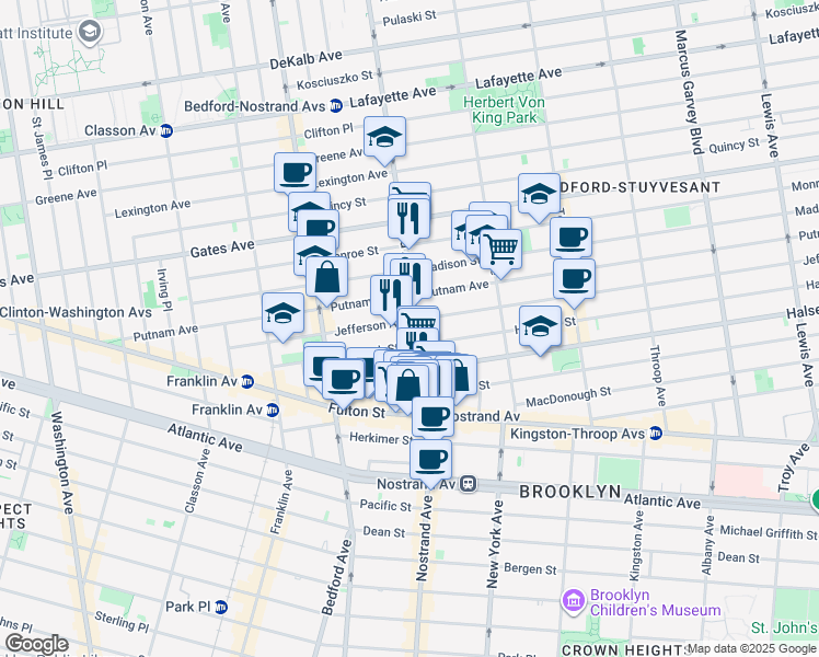 map of restaurants, bars, coffee shops, grocery stores, and more near 425 Nostrand Avenue in Brooklyn