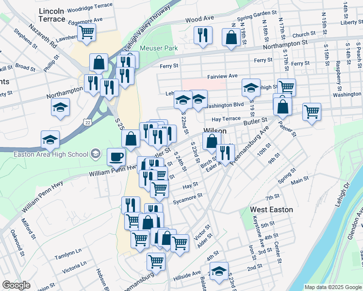 map of restaurants, bars, coffee shops, grocery stores, and more near 2336 Butler Street in Easton