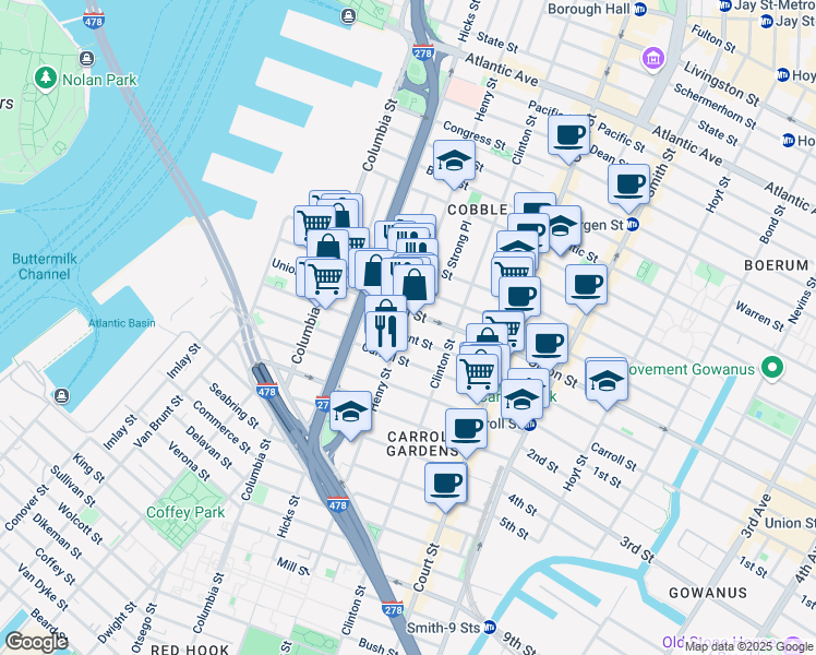 map of restaurants, bars, coffee shops, grocery stores, and more near 545 Henry Street in Brooklyn