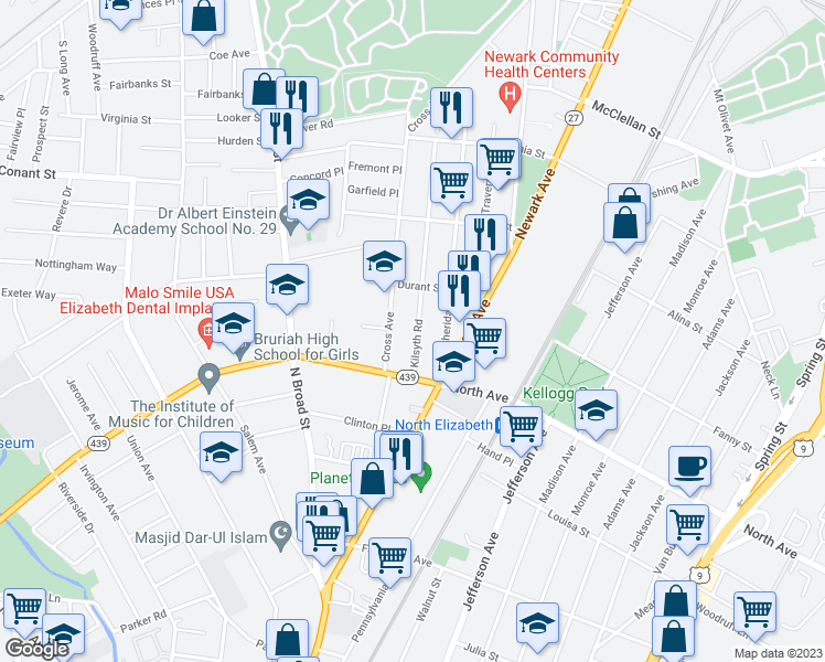 map of restaurants, bars, coffee shops, grocery stores, and more near 836 Kilsyth Road in Elizabeth