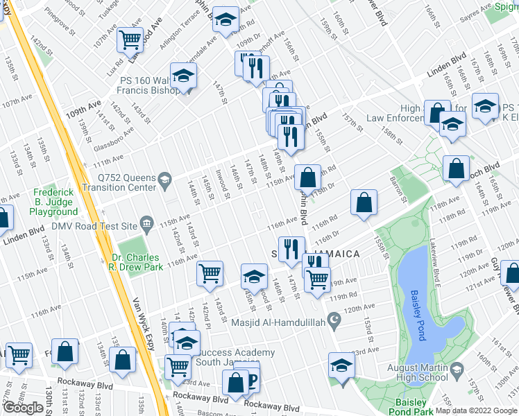 map of restaurants, bars, coffee shops, grocery stores, and more near 115-30 147th Street in Queens