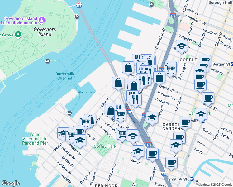 map of restaurants, bars, coffee shops, grocery stores, and more near 128 Van Brunt Street in Brooklyn