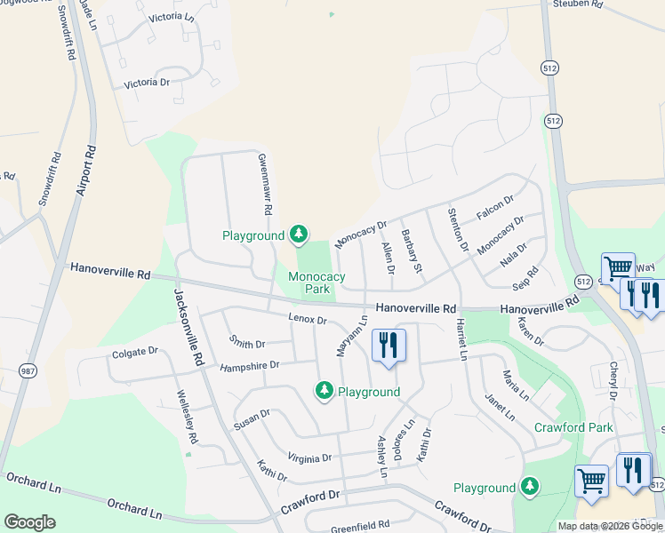 map of restaurants, bars, coffee shops, grocery stores, and more near 5745 Monocacy Dr in Bethlehem