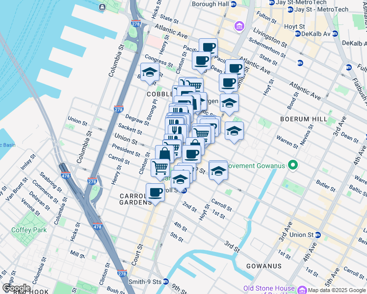 map of restaurants, bars, coffee shops, grocery stores, and more near 313 Sackett Street in Brooklyn