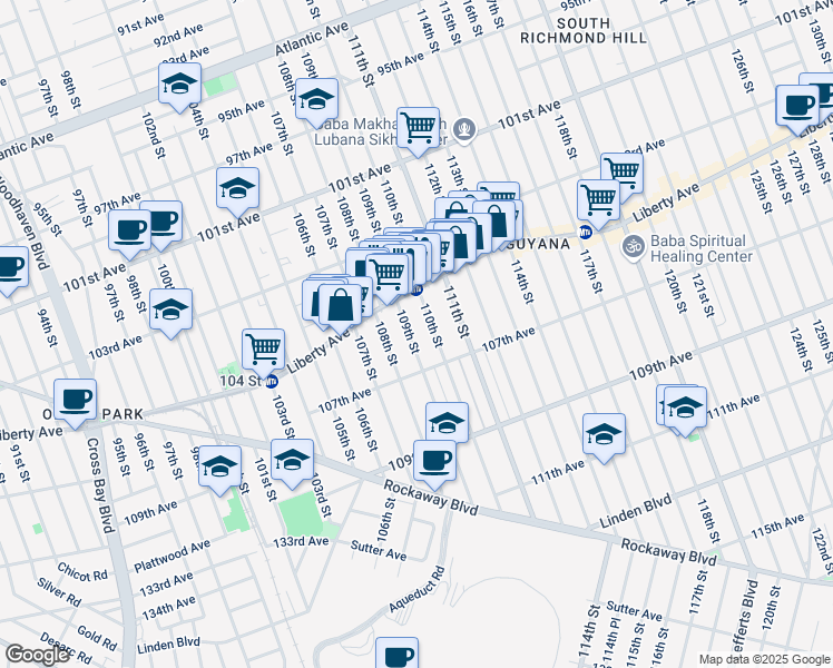 map of restaurants, bars, coffee shops, grocery stores, and more near 104-46 110th Street in Queens