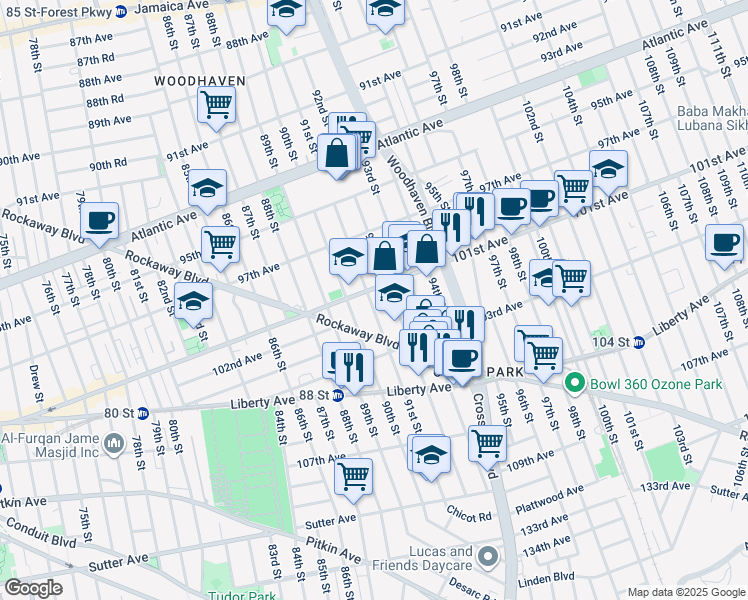 map of restaurants, bars, coffee shops, grocery stores, and more near 90-14 101st Avenue in Queens
