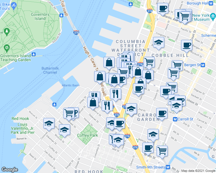 map of restaurants, bars, coffee shops, grocery stores, and more near 79 Hamilton Avenue in Brooklyn
