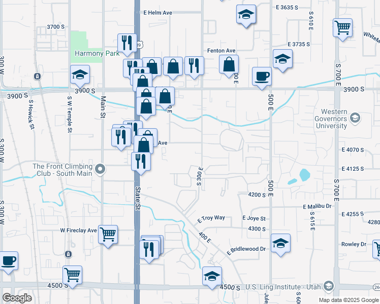 map of restaurants, bars, coffee shops, grocery stores, and more near 4072 South 300 East in Murray