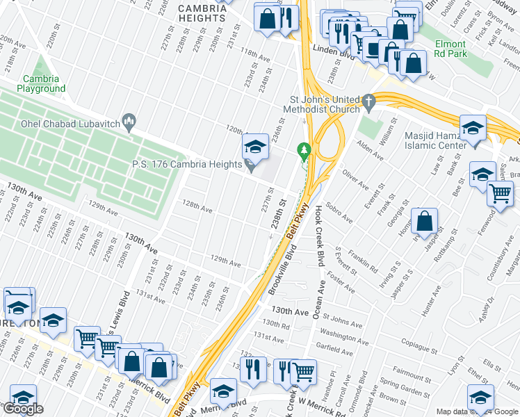 map of restaurants, bars, coffee shops, grocery stores, and more near 121-38 237th Street in Queens