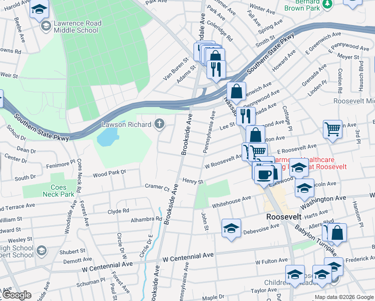 map of restaurants, bars, coffee shops, grocery stores, and more near 96 West Clinton Avenue in Roosevelt