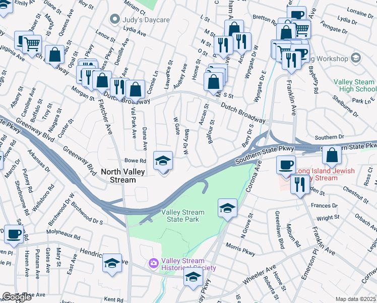 map of restaurants, bars, coffee shops, grocery stores, and more near 921 Barry Drive West in Valley Stream