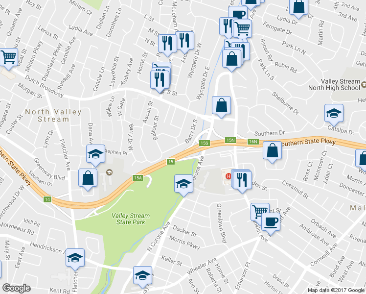 map of restaurants, bars, coffee shops, grocery stores, and more near 1245 Barry Drive South in Valley Stream