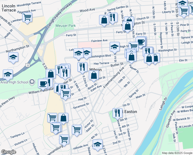 map of restaurants, bars, coffee shops, grocery stores, and more near 2115 Forest Street in Easton