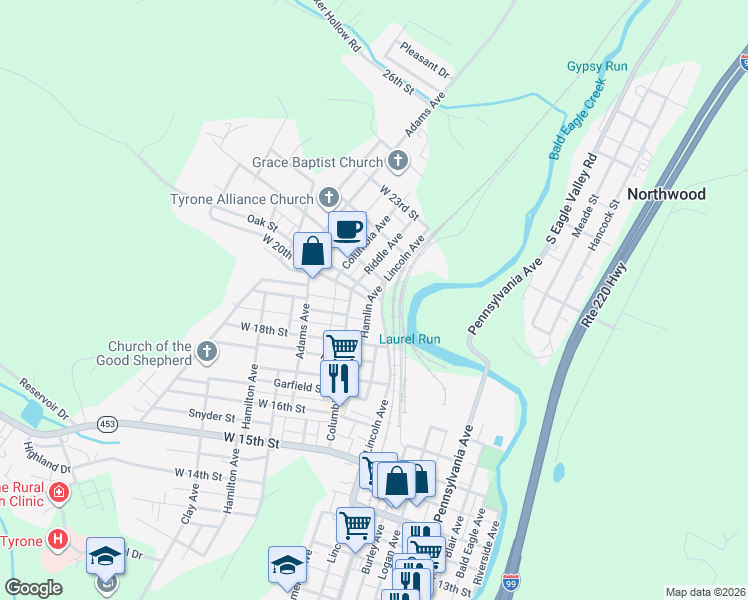 map of restaurants, bars, coffee shops, grocery stores, and more near 317 Oak Street in Tyrone