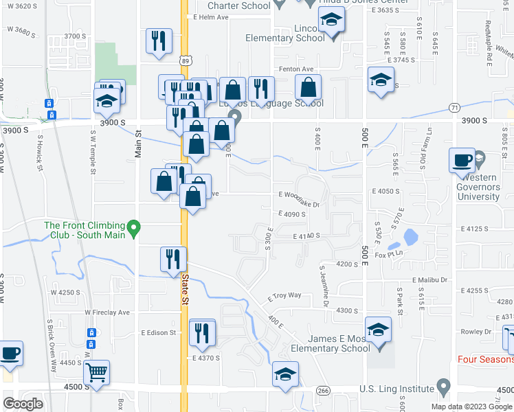 map of restaurants, bars, coffee shops, grocery stores, and more near 4072 South 300 East in Millcreek