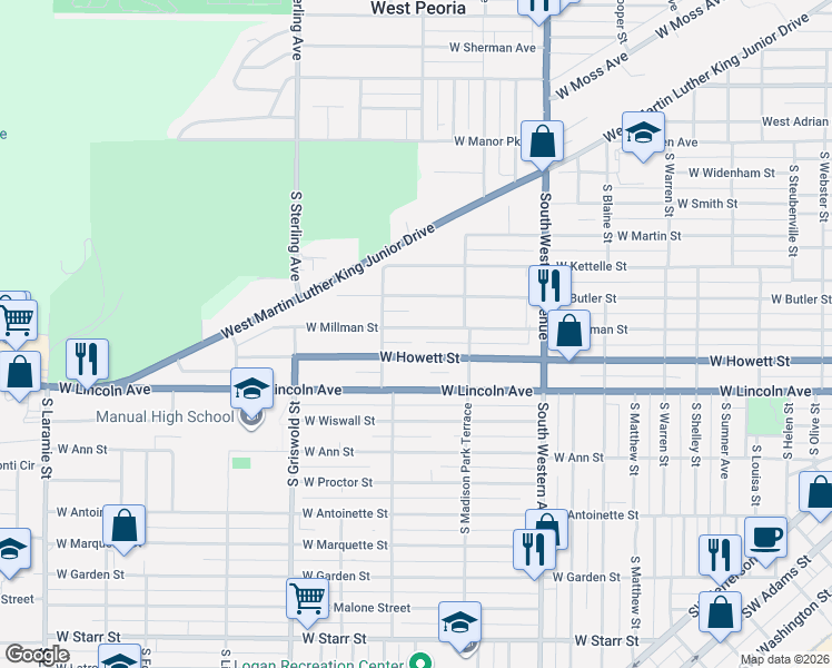 map of restaurants, bars, coffee shops, grocery stores, and more near 2200 West Millman Street in Peoria