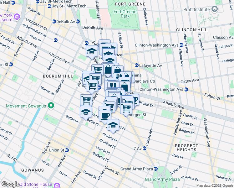 map of restaurants, bars, coffee shops, grocery stores, and more near 179 Flatbush Avenue in Brooklyn