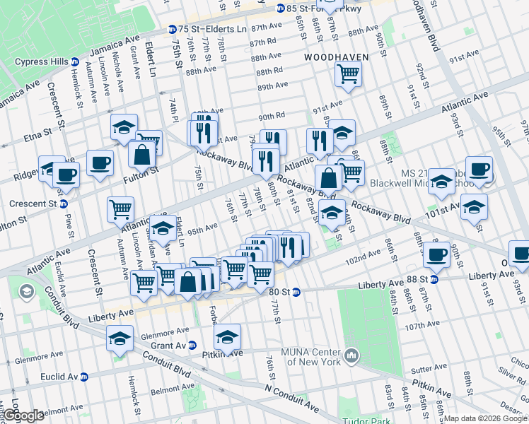 map of restaurants, bars, coffee shops, grocery stores, and more near 77-10 95th Avenue in Queens