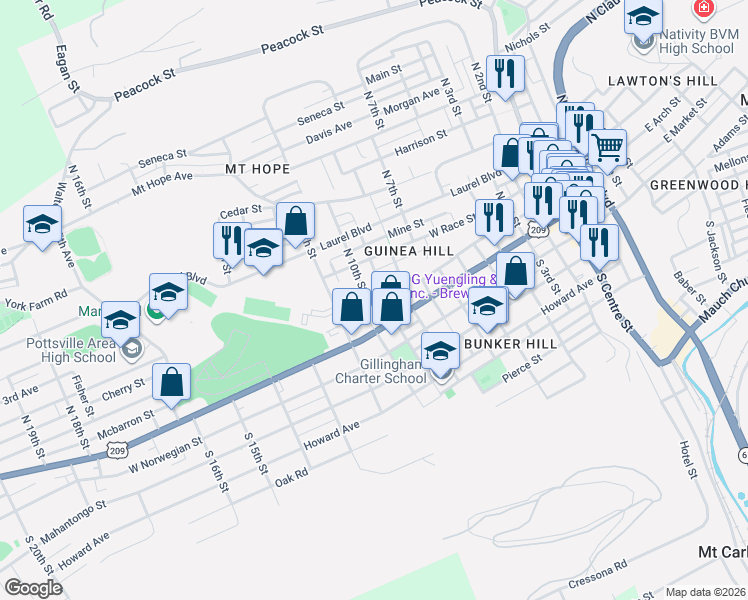 map of restaurants, bars, coffee shops, grocery stores, and more near 1126 Arch Street in Pottsville