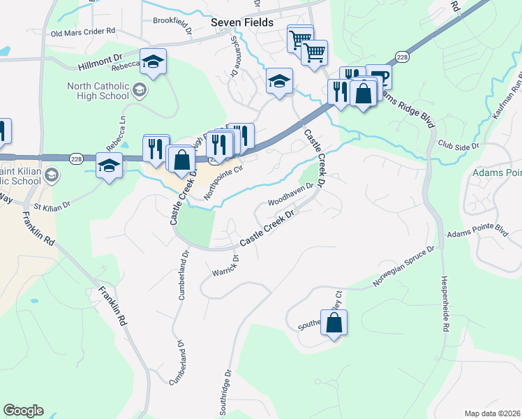 map of restaurants, bars, coffee shops, grocery stores, and more near 140 Woodhaven Drive in Seven Fields