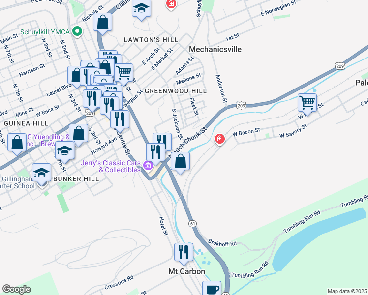 map of restaurants, bars, coffee shops, grocery stores, and more near 425 Mauch Chunk Street in Pottsville