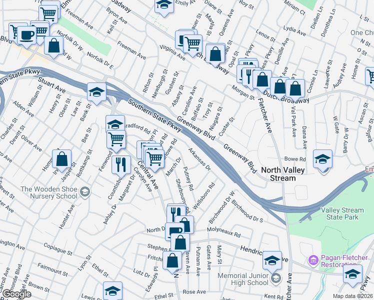 map of restaurants, bars, coffee shops, grocery stores, and more near 1673 Arkansas Drive in Valley Stream