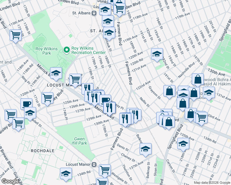 map of restaurants, bars, coffee shops, grocery stores, and more near 179-37 Zoller Road in Queens