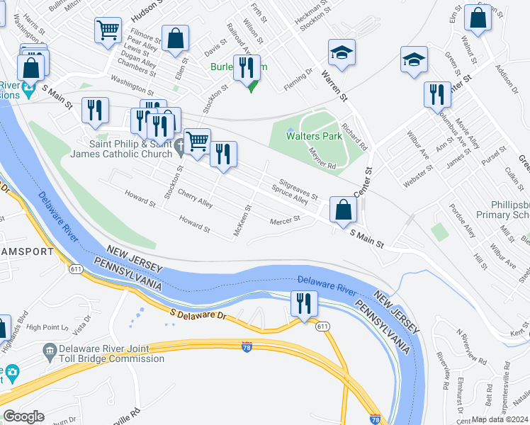 map of restaurants, bars, coffee shops, grocery stores, and more near 325 Mercer Street in Phillipsburg