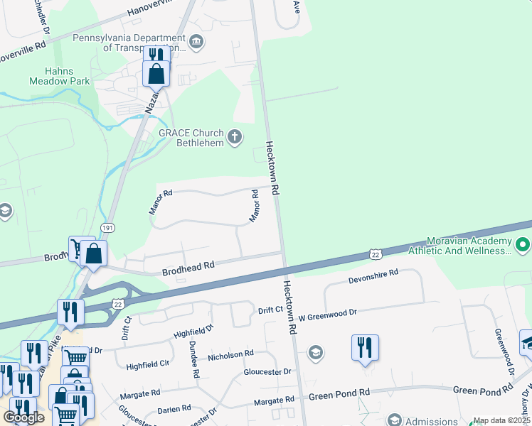 map of restaurants, bars, coffee shops, grocery stores, and more near 3490 Manor Road in Bethlehem