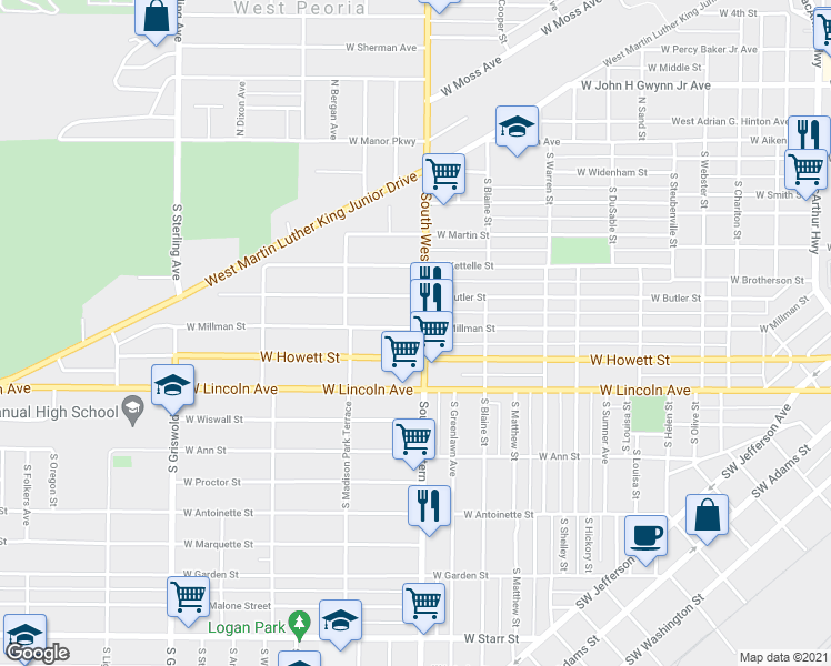 map of restaurants, bars, coffee shops, grocery stores, and more near 501 South Western Avenue in Peoria