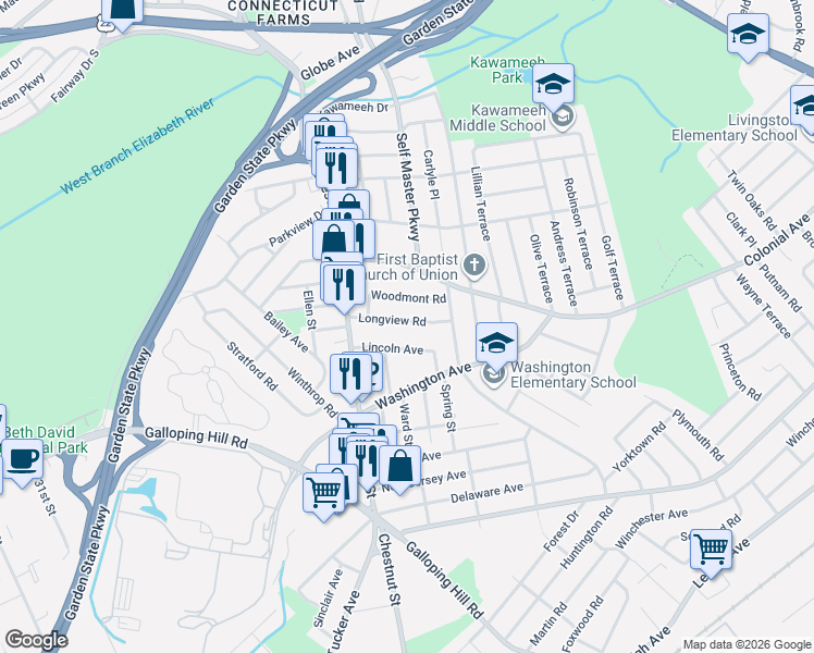 map of restaurants, bars, coffee shops, grocery stores, and more near 247 Longview Road in Union