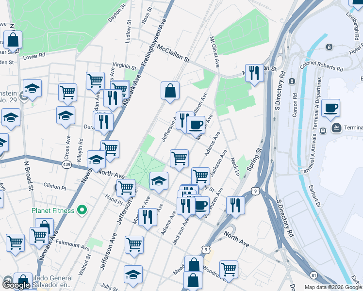 map of restaurants, bars, coffee shops, grocery stores, and more near 945 Madison Avenue in Elizabeth