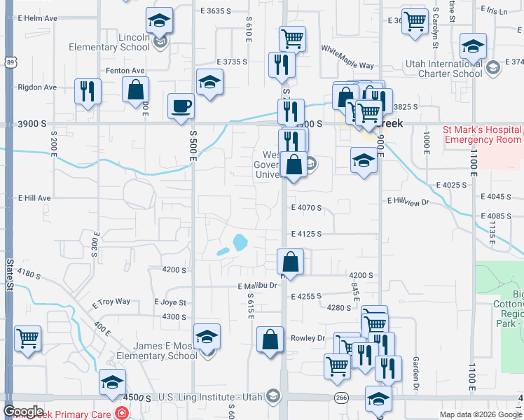 map of restaurants, bars, coffee shops, grocery stores, and more near 648 East 4065 South in Murray